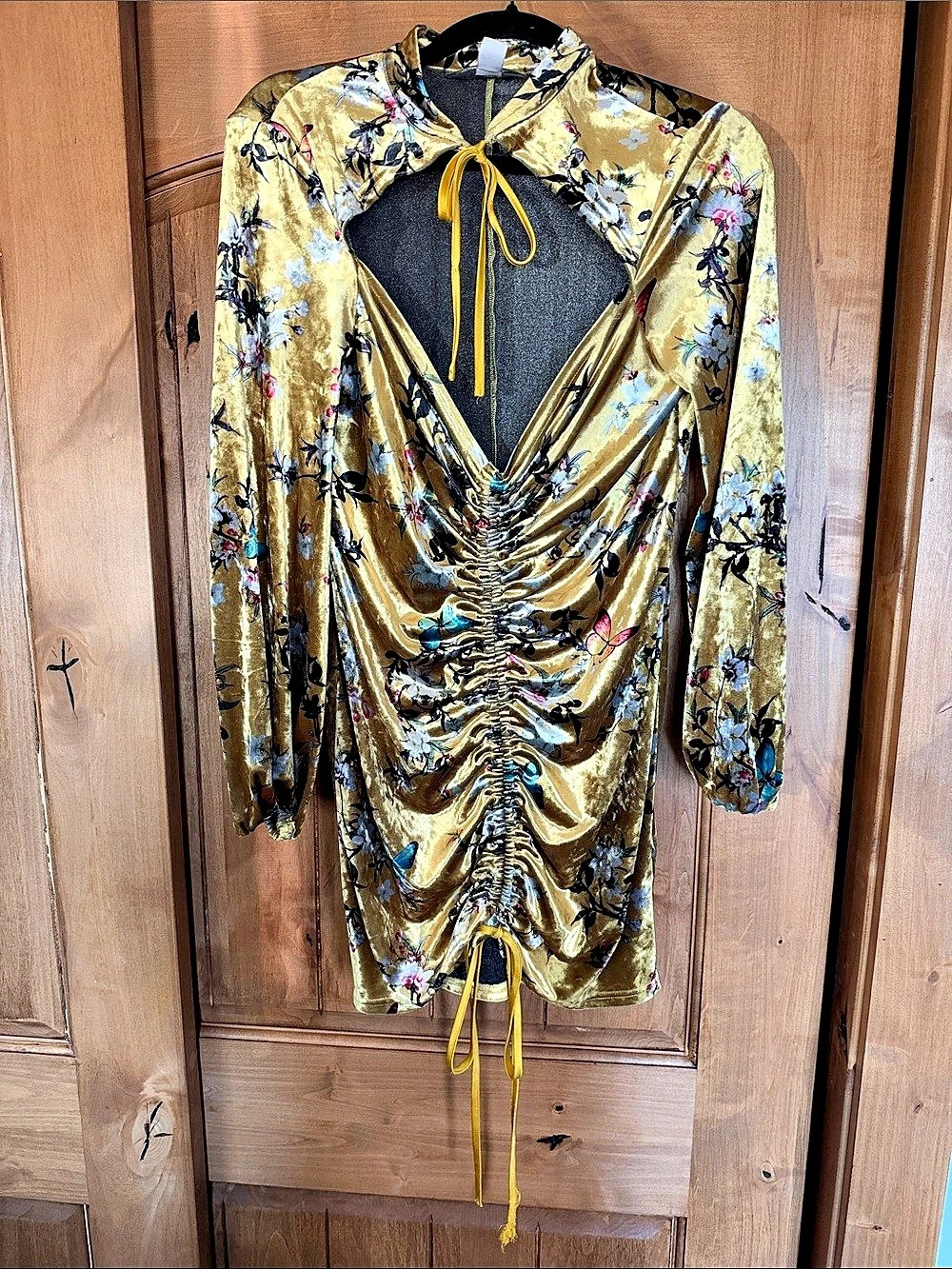 Kim Shui Floral Ruched Mini Dress in Gold & Black Like New